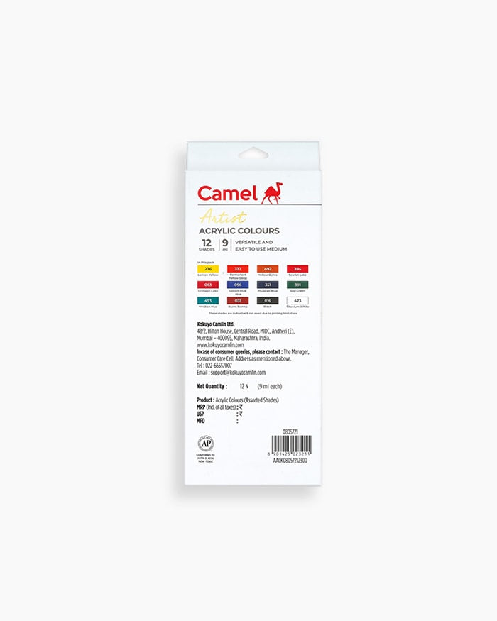 Camel Artist Acrylic Colour Set – 12 Shades (Available in 9ml / 20ml / 40ml variants)