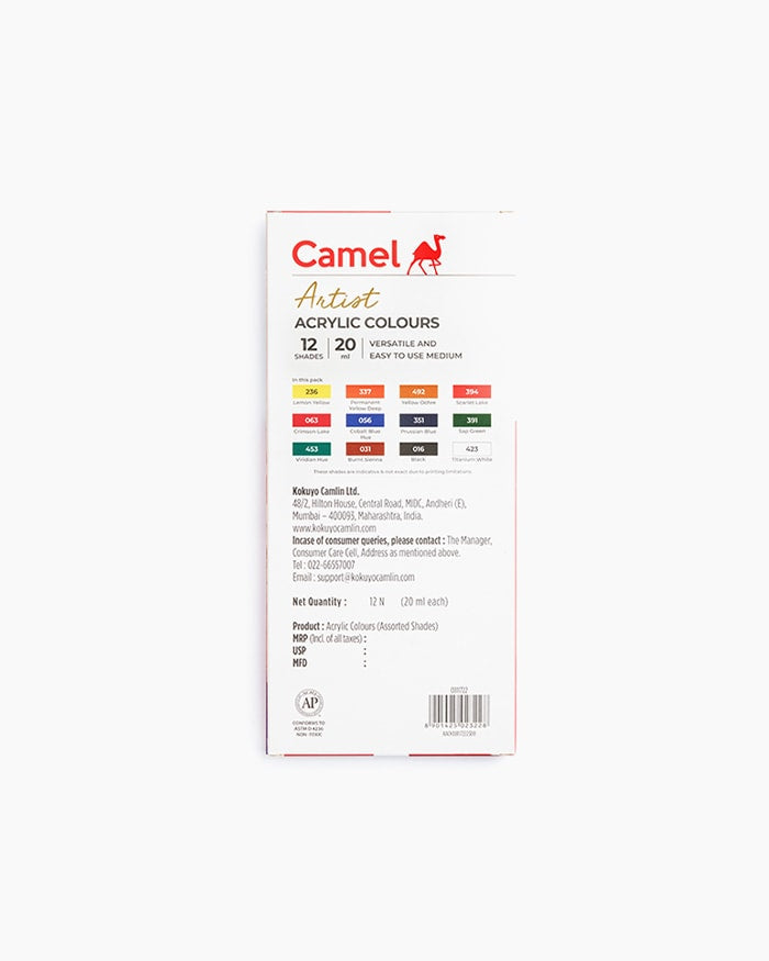 Camel Artist Acrylic Colour Set – 12 Shades (Available in 9ml / 20ml / 40ml variants)