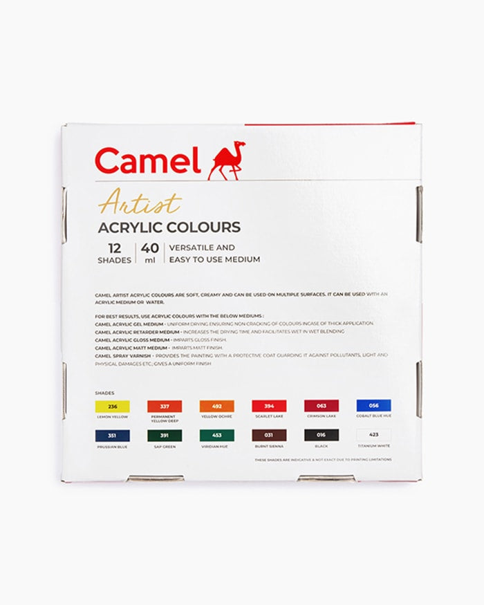 Camel Artist Acrylic Colour Set – 12 Shades (Available in 9ml / 20ml / 40ml variants)