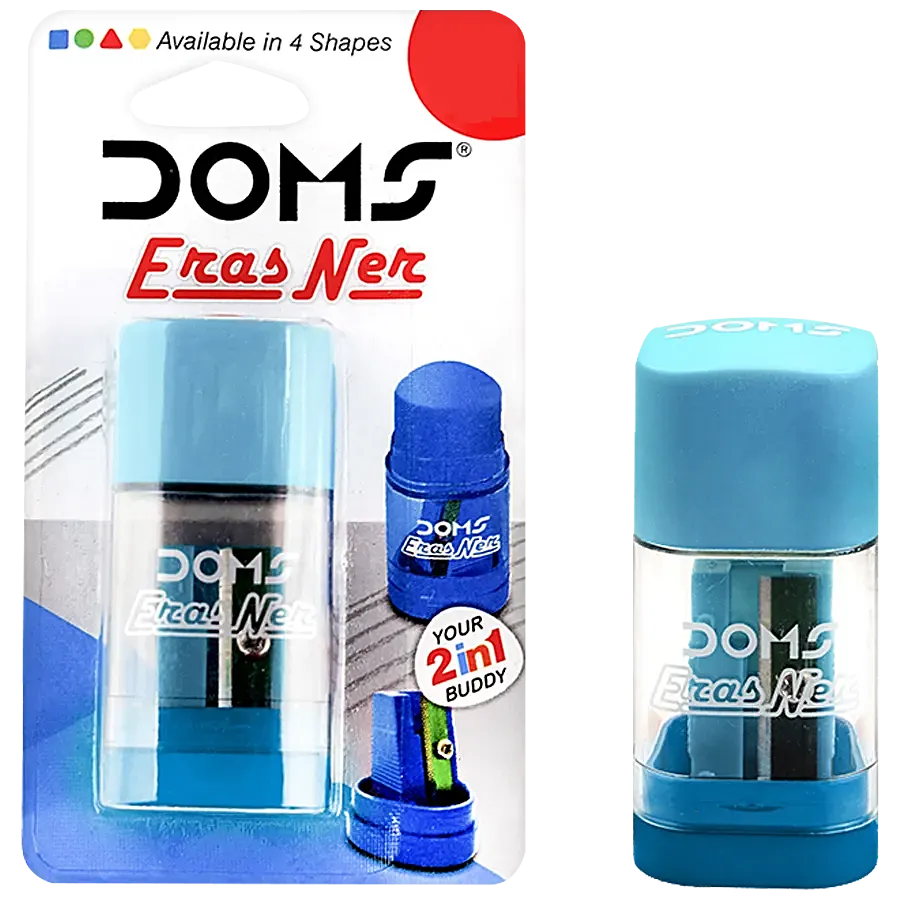 A pack of DOMS Erasner Eraser And Sharpener  blue  colour available in blue colour 