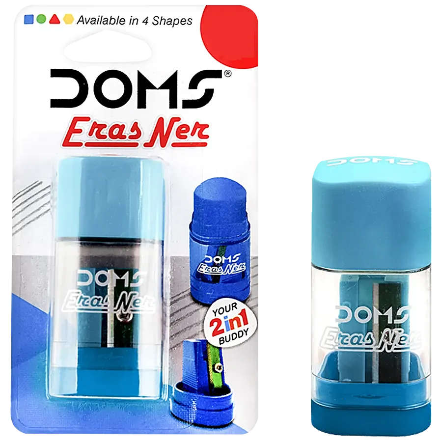 A pack of DOMS Erasner Eraser And Sharpener  blue  colour available in blue colour