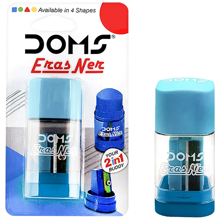 A pack of DOMS Erasner Eraser And Sharpener  blue  colour available in blue colour