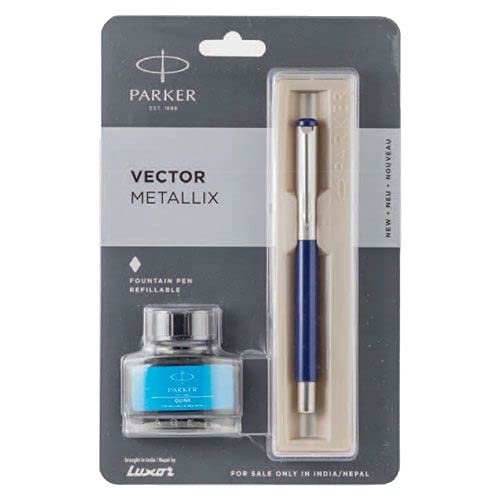 Parker Vector Metallix With Stainless Steel Trim Fountain Pen + Ink Bottle - Bbag | India’s Best Online Stationery Store