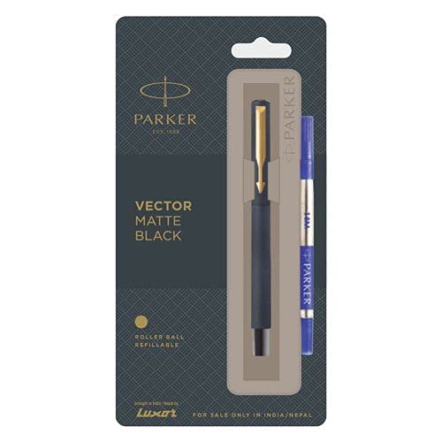 Parker Vector Matte Black With Gold Trim Roller Ball Pen - Bbag | India’s Best Online Stationery Store