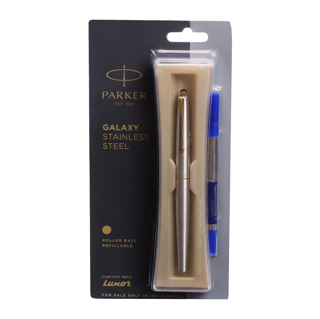 Parker Galaxy Stainless Steel With Gold Trim Roller Ball Pen - Bbag | India’s Best Online Stationery Store