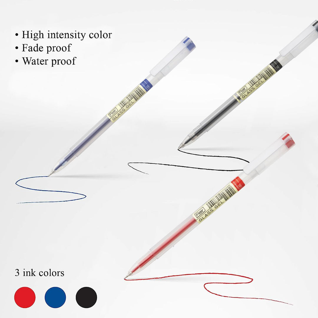 Blue, Black and Red High intensity ink Colors Flair Glass Gel Pen