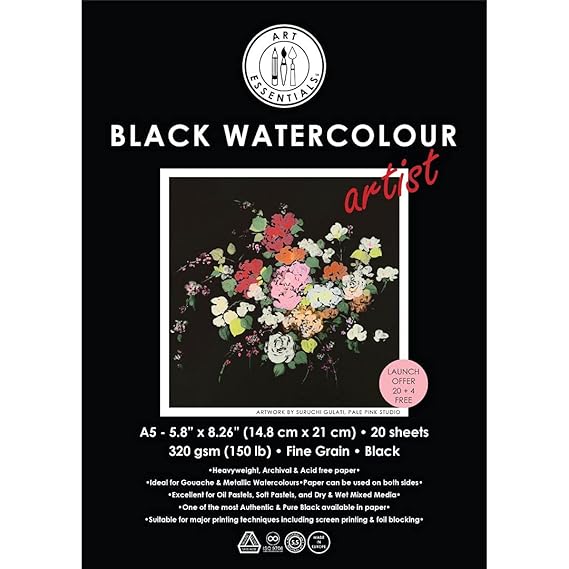 Art Essentials Black Watercolour Artist A5 Black Fine Grain/Vellum 320 GSM, 20 + 4 Sheets Pack