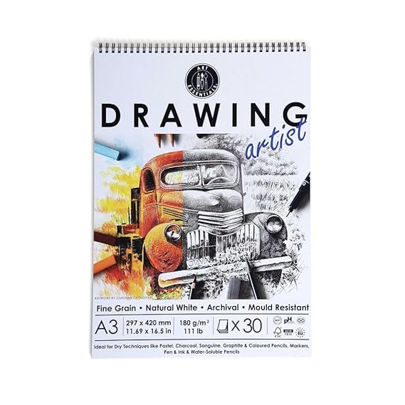 Art Essentials Drawing Artist A3/A4/A5/A6180 GSM Spiral Pad of 30 Sheets