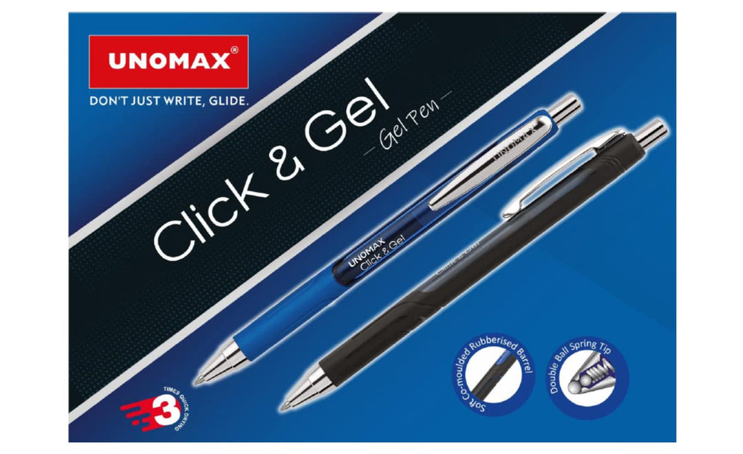Blue and Black  Unomax Click & Gel Pen with soft  co-moulded  Rubberised barrel and double ball spring tip.