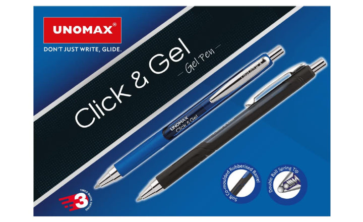 Blue and Black  Unomax Click & Gel Pen with soft  co-moulded  Rubberised barrel and double ball spring tip.