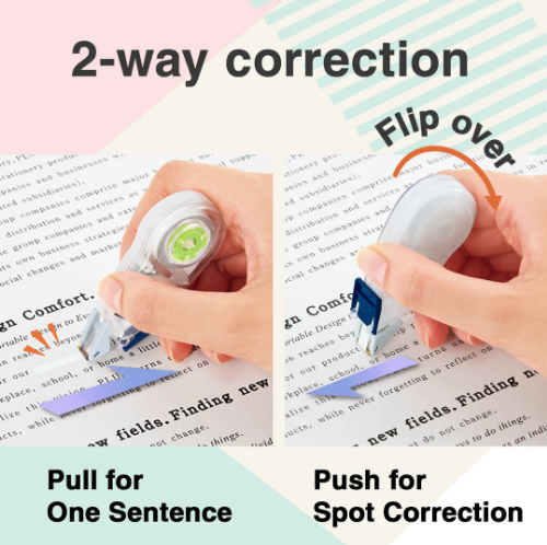 2 way correction in Plus Japan Correction Tape Pull for One sentence and Push for Spot correction.