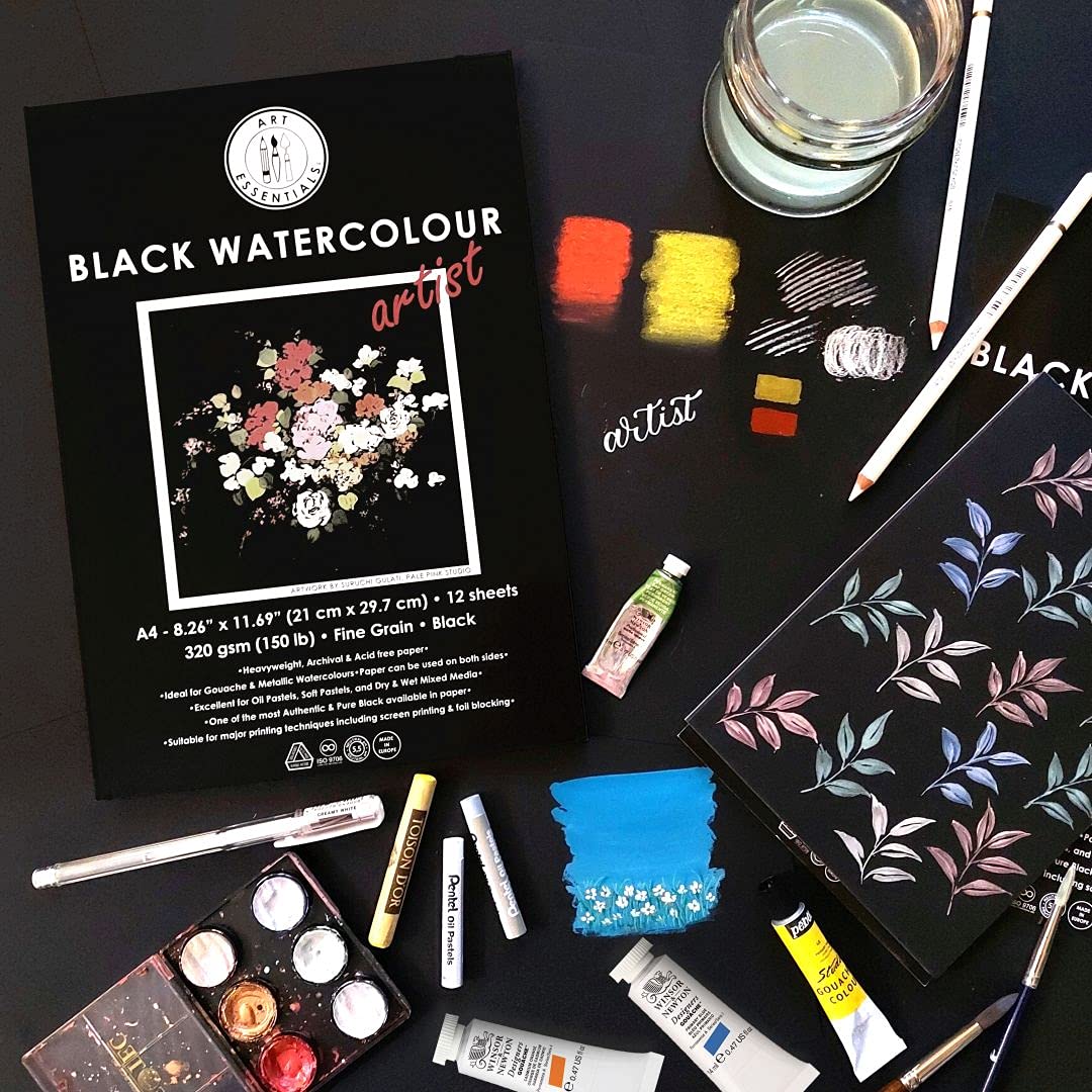 Art Essentials Black Watercolour Artist A5 Black Fine Grain/Vellum 320 GSM, 20 + 4 Sheets Pack