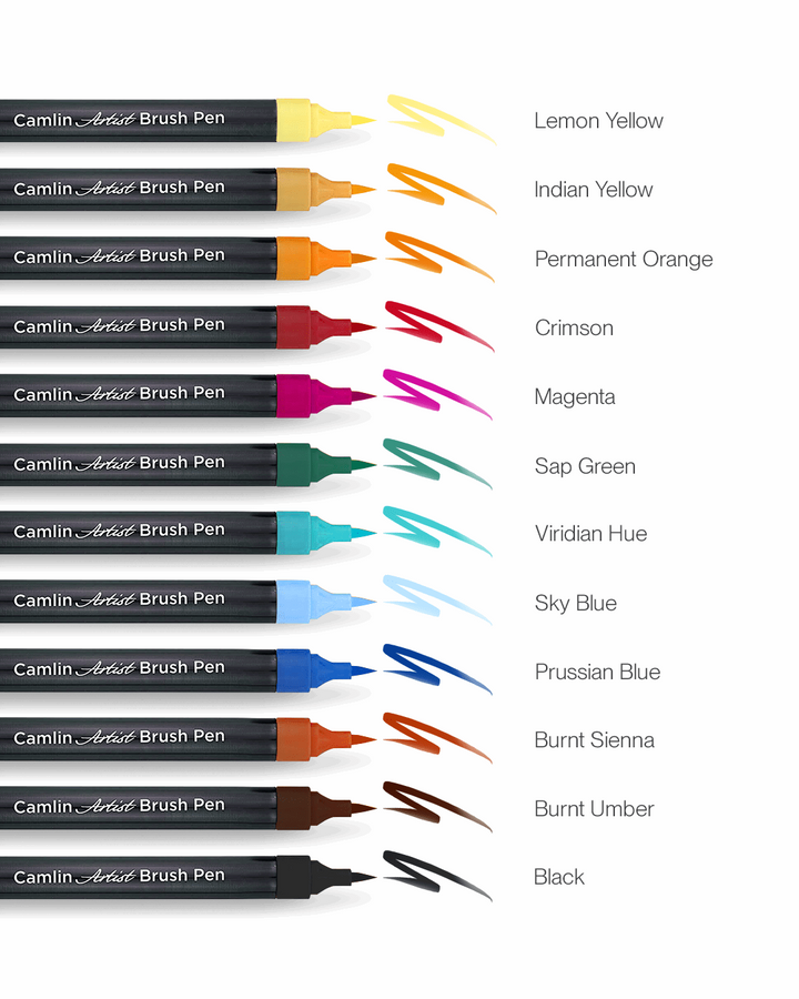 Camlin Artist Brush Pens Black, Reddish Brown (Burn Amber), Red Sienna (Burn Siena), Prussian Blue, Sky Blue (Sky Blue), Viridian Blue, Sap Green, Magenta, Dark Red (Crimson), Permanent Orange (Permanent Orange) , Indian Yellow (Indian Yellow), Lemon Yellow (Lemon Yellow)
