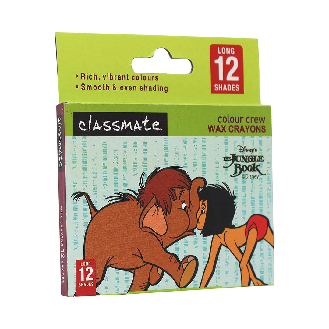 A pack of Classmate Wax Crayons Long with jungle book character image on it.