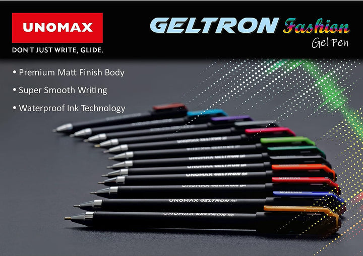 A Pack of  Unomax Geltron Fashion gel Pen Multicolour 12 shades for excellent presentation.