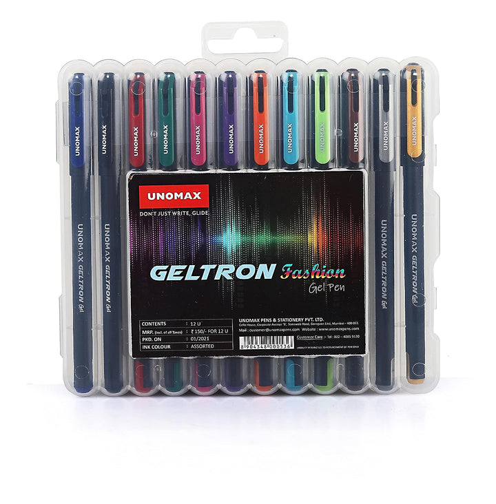 A Pack of Unomax Geltron Fashion gel Pen 12 Shades of gel pen.