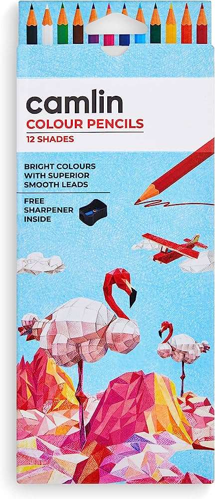A Pack of 12 shades of Camlin Colour Pencils Full Size with free sharpener