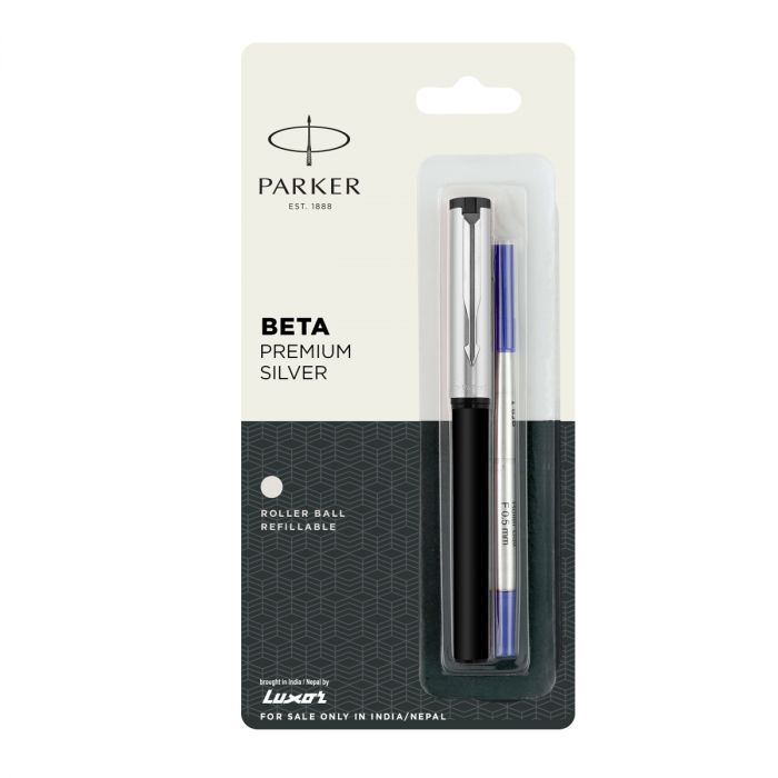 Parker Beta Premium Silver With Stainless Steel Trim Roller Ball Pen - Bbag | India’s Best Online Stationery Store