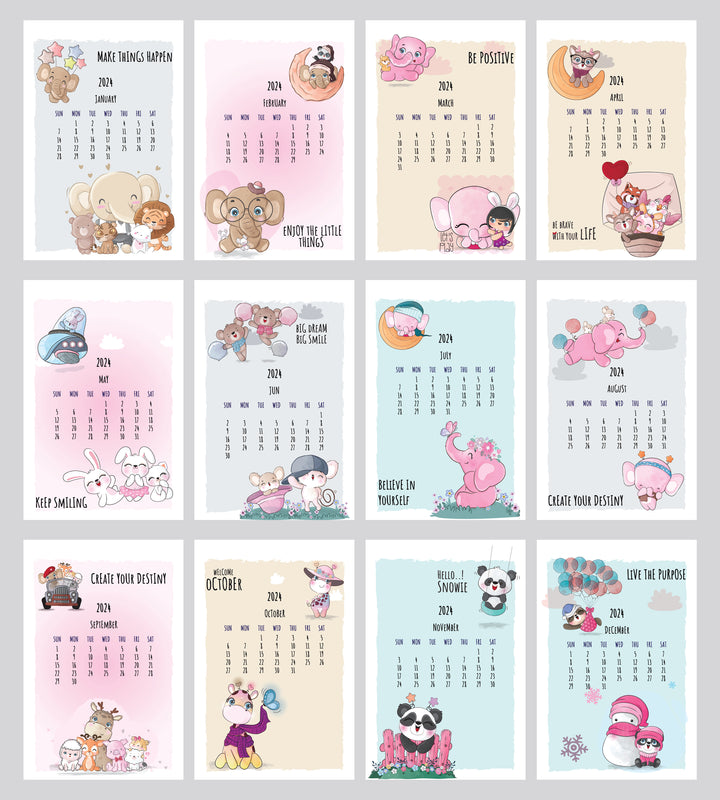 12 different different cute animal print  for 12 different different months of 2024 year on Creative Convert Animal Print desk Calendar 