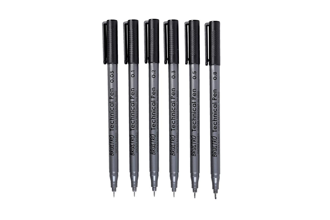 6 Set of Brustro Technical Pens with 0.05mm, 0.1mm, 0.2mm, 0.3mm, 0.5mm and 0.8mm Tip Size.