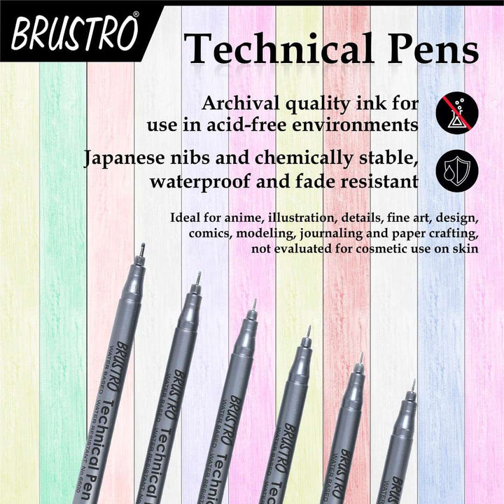 Brustro Technical Pens with Archival quality ink for use in acid free environments, Japanese nibs and chemically stable, waterproof and fade resistant