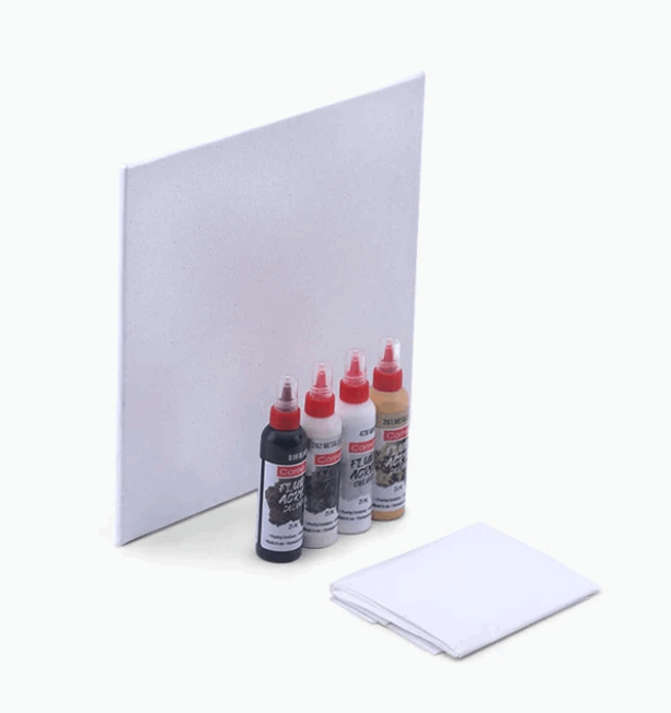 Camel Fluid Acrylic Colour kit - 4 shades of Acrylic Colour , Canvas and apron