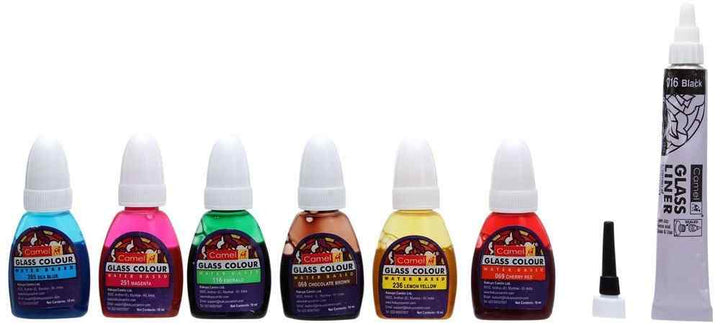 Sea Blue, Magenta, Emerald, Chocolate Brown, Lemon Yellow And cherry Red Camel Glass Colours Water BasedCamel Glass Colours Water Based with glass liner
