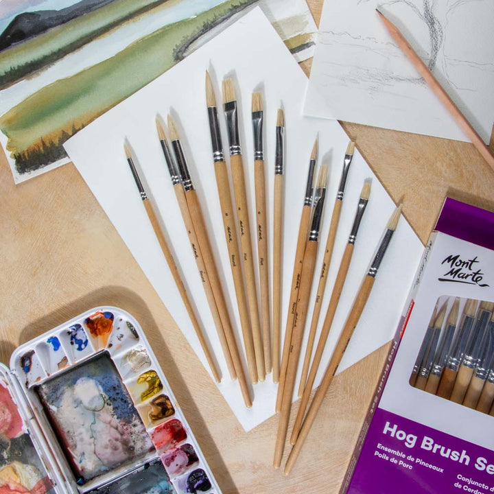 Hog Brush Set Round & Flat Discovery 12pc - Versatile Paint Brushes
