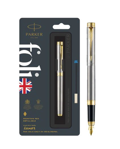 Parker Folio Stainless Steel with Gold Trim Fountain Pen - Bbag | India’s Best Online Stationery Store