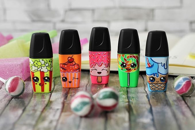 Cute Face Drawn on Yellow, Orange, Pink, Green and Blue Stabilo BOSS Mini Sweet Friends Highlighter