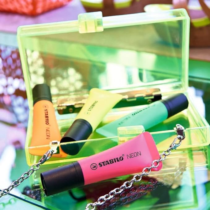 4 Pieces of Stabilo Neon Highlighter Sticks Orange, Yellow, Pink and Green Colour.