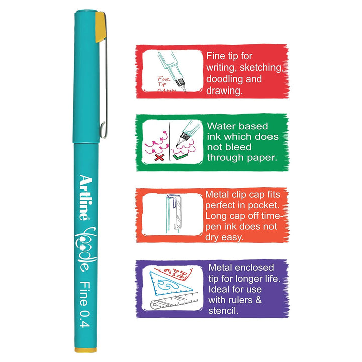 Artline Yoodle Fineliners with metal clip cap fits perfect in pocket and pen ink does not dry easy.
