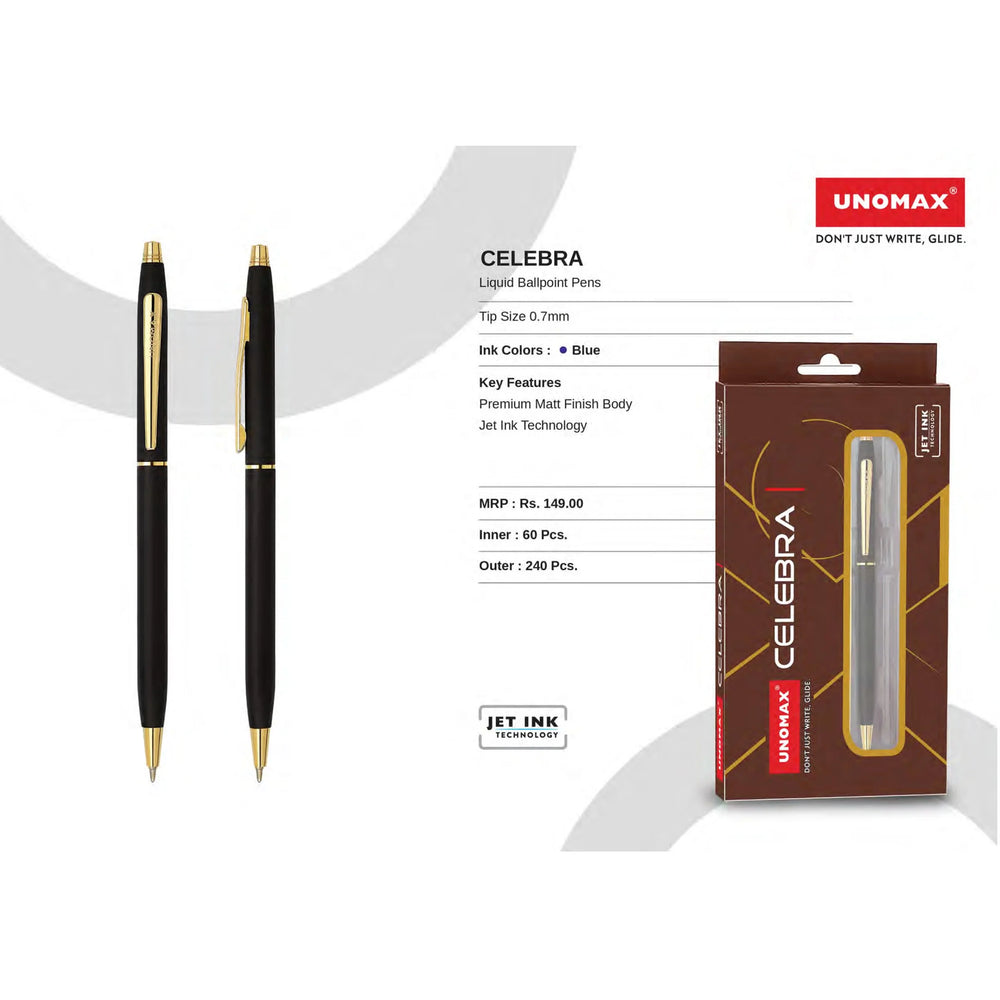 Premium Matt Finish Body And Jet Technology in Unomax celebra ball pen 0.7mm tip Size