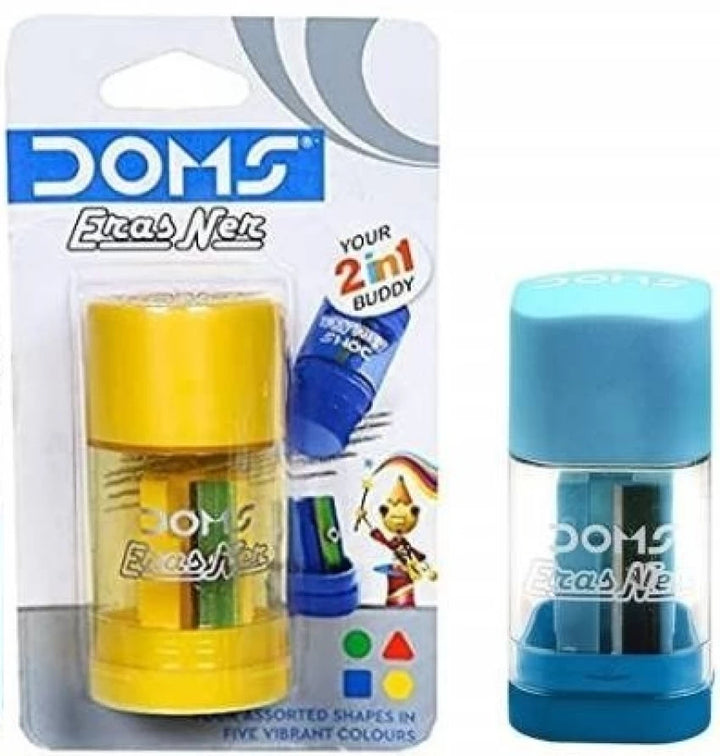 A pack of yellow colour DOMS Erasner Eraser And Sharpener .