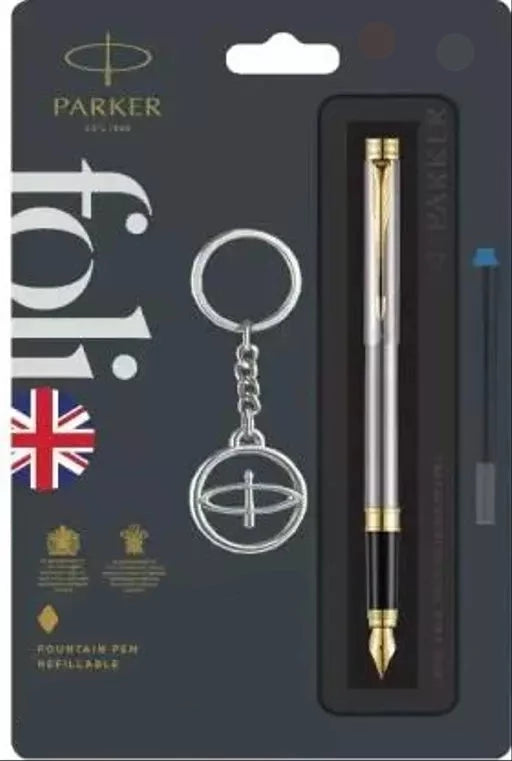 Parker Folio Stainless Steel with Gold Trim Fountain Pen - Bbag | India’s Best Online Stationery Store