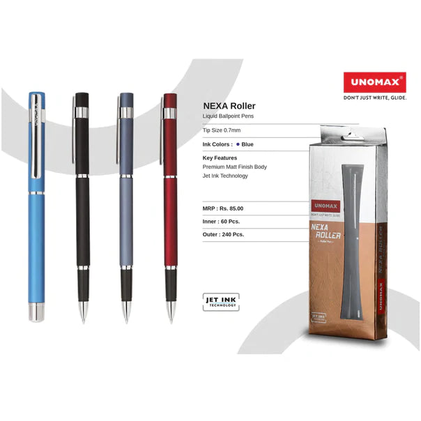 Unomax Nexa Roller Pen in blue, Black, Grey and red body colour.