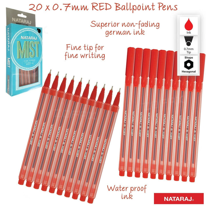 20 Pieces of Nataraj Mist red ball point pen 0.7mm For Superior non-Fading German ink.