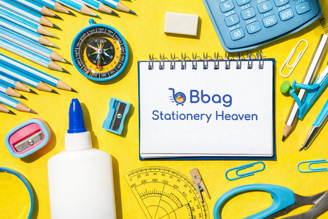 Bbag Stationery Heaven notebook surrounded by school supplies on yellow background