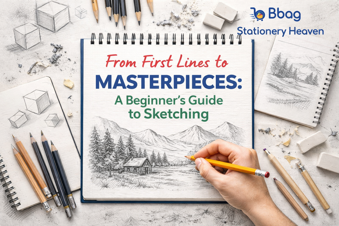 Beginner sketching guide with simple pencil drawings in sketchbook, surrounded by sketch pencils and erasers.