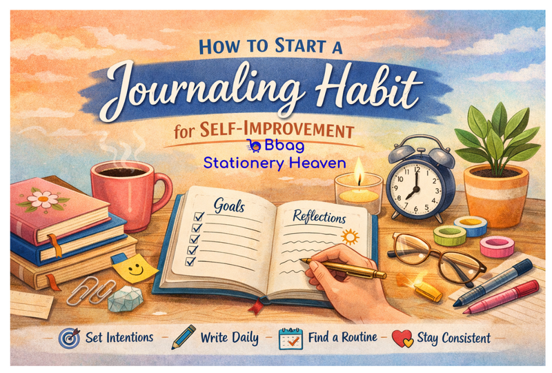 Journaling habit for self-improvement with notebook, pens, and stationery