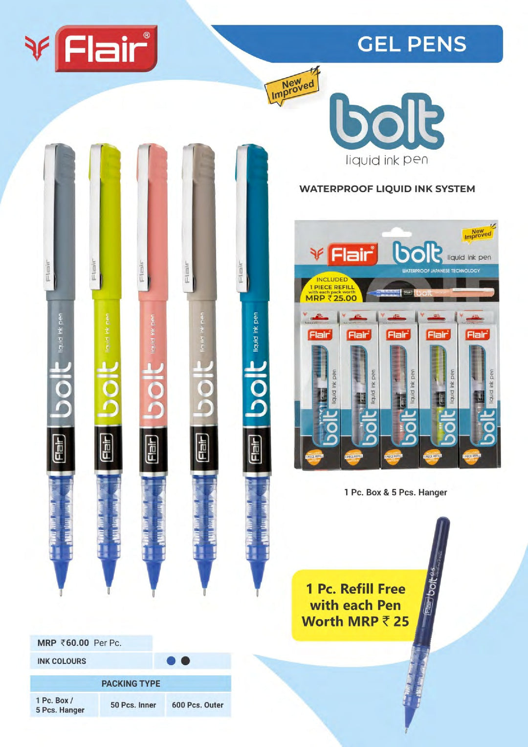 A Pack of 5 Flair Bolt Liquid Ink Pen