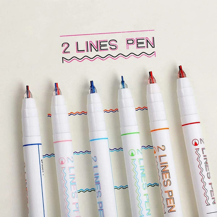 Creative Double Lines Pen Comes in 6 vibrant color configurations: Purple/Blue, Dark Blue/Orange, Green/Blue, Brown/Orange, Black/Red, Pink/Blue.