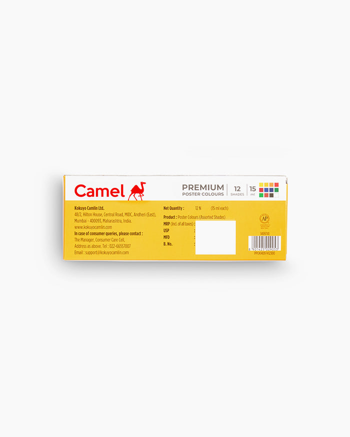 Camel Premium Poster Colours -Assorted pack of 12 shades in 15 ml