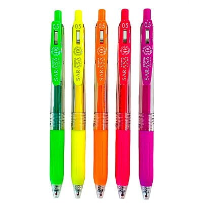 Green, Yellow, Orange, Red and Pink Colour Zebra Sarasa Clip Neon Gel Pen