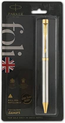 Parker Folio Stainless Steel with Gold Trim Ball Pen - Bbag | India’s Best Online Stationery Store