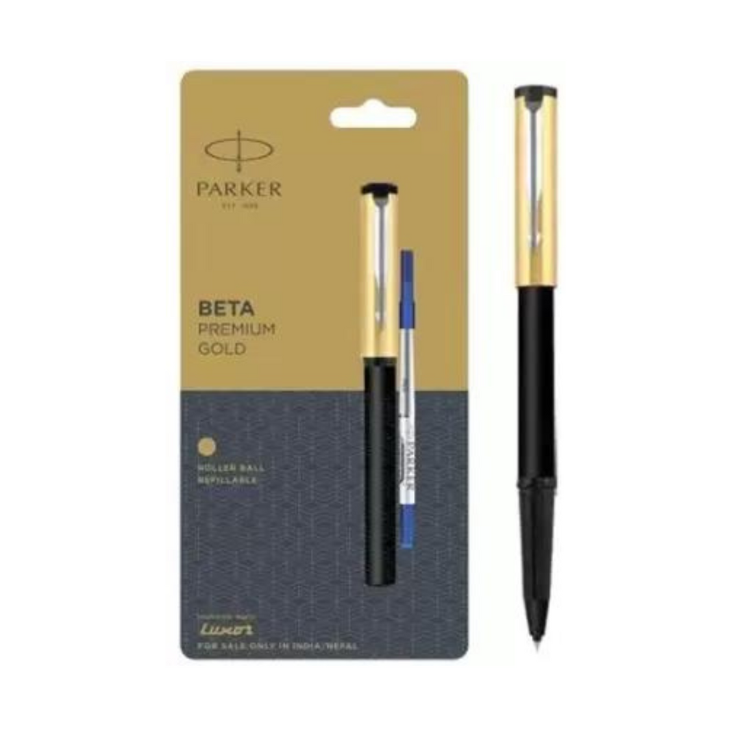 Parker Beta Premium Gold With Stainless Steel Trim Roller Ball Pen Parker