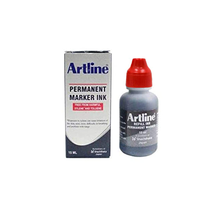 A pack and bottle of 15 ml of Red Colour Artline Permanent Marker Ink