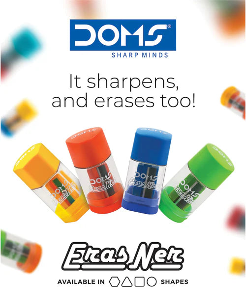 DOMS Erasner Eraser And Sharpener available in Yellow, Red, Blue and Green and 4 Shapes Pentagon, triangle, Square and circle.