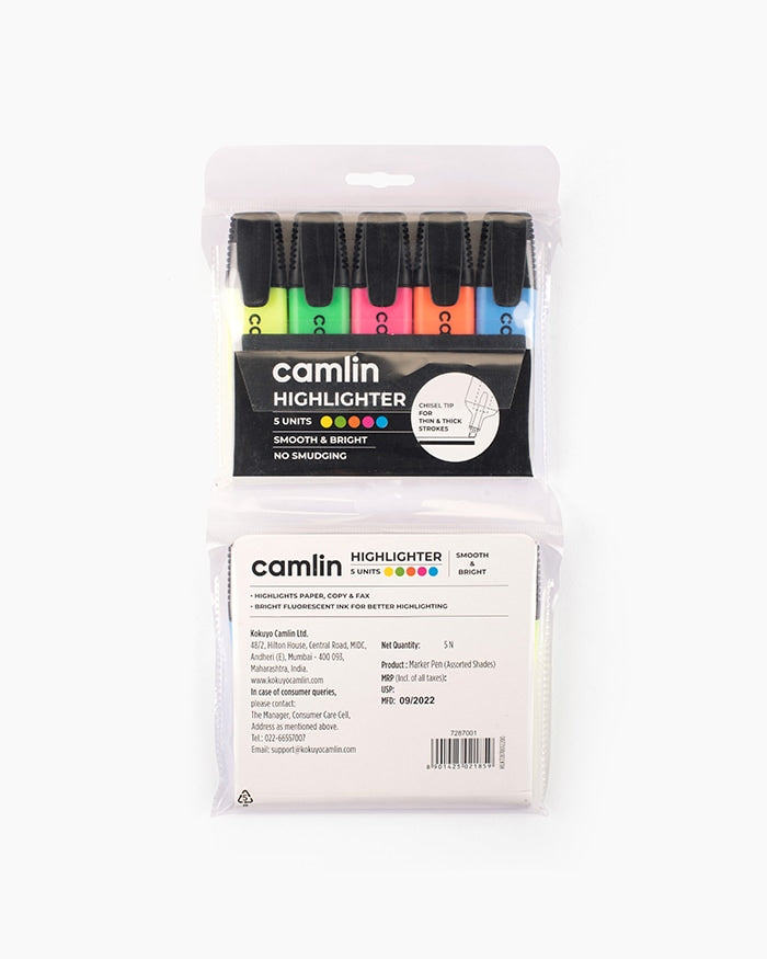 A Pack of Camlin Assorted Highlighter 5 Pcs of Multicolour Yellow, Green, Pink, Orange And Blue 