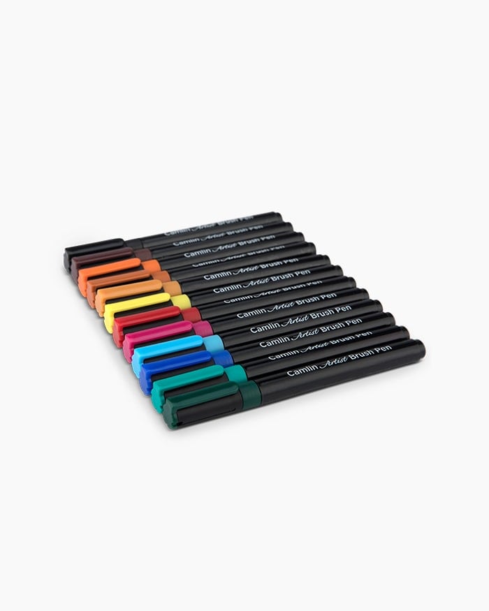Camlin Artist Brush Pens Black, Reddish Brown (Burn Amber), Red Sienna (Burn Siena), Prussian Blue, Sky Blue (Sky Blue), Viridian Blue, Sap Green, Magenta, Dark Red (Crimson), Permanent Orange (Permanent Orange) , Indian Yellow (Indian Yellow), Lemon Yellow (Lemon Yellow)
